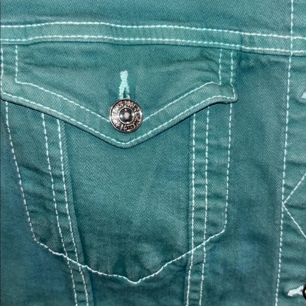 MANGO…GREEN DENIM JACKET SILVER BUTTONS SIZE XL COTTON AND ELASTANE PTP 21”/22” - Image 7