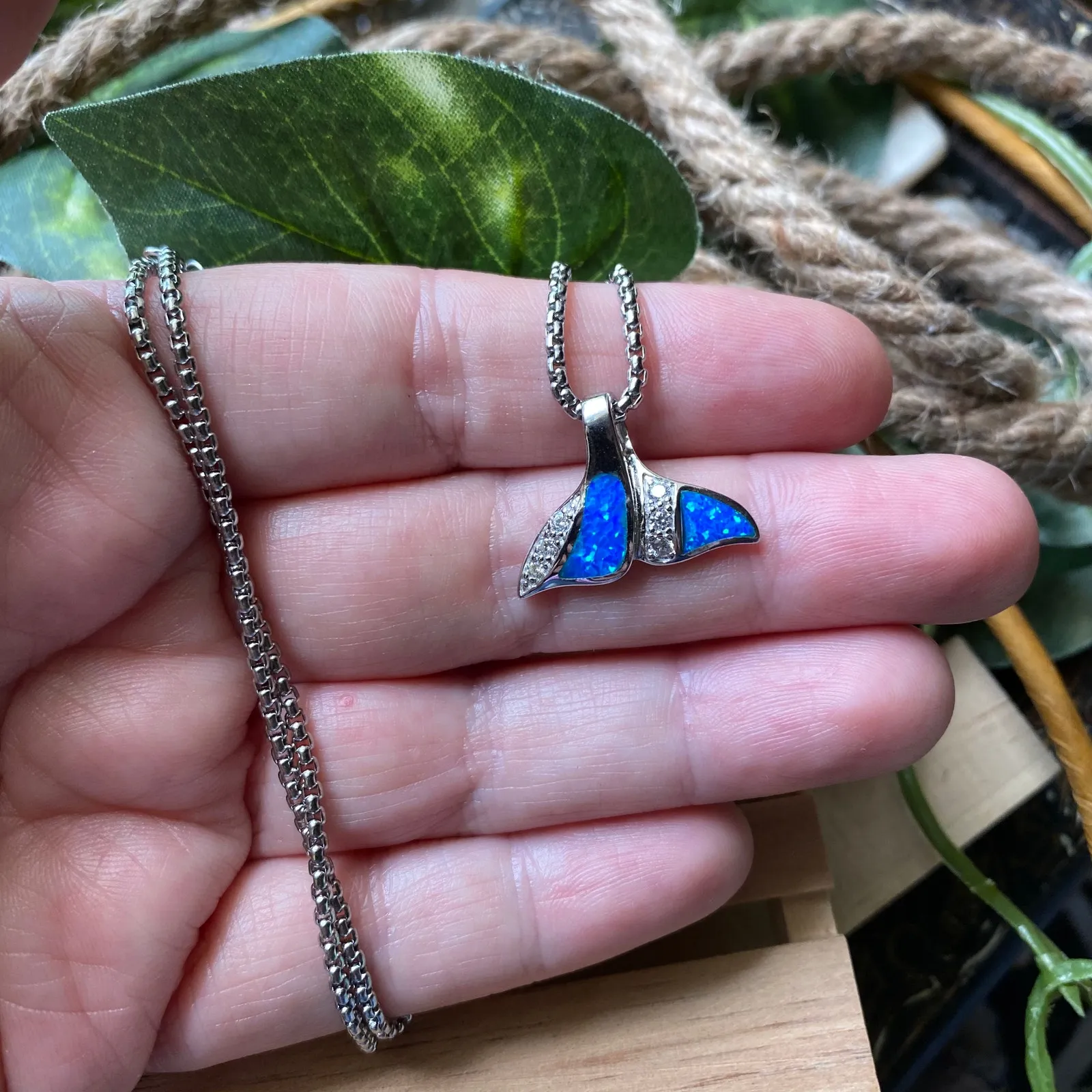 Sterling Silver Blue Opal CZ Whale Tail Pendant on Stainless Steel Chain - Image 3