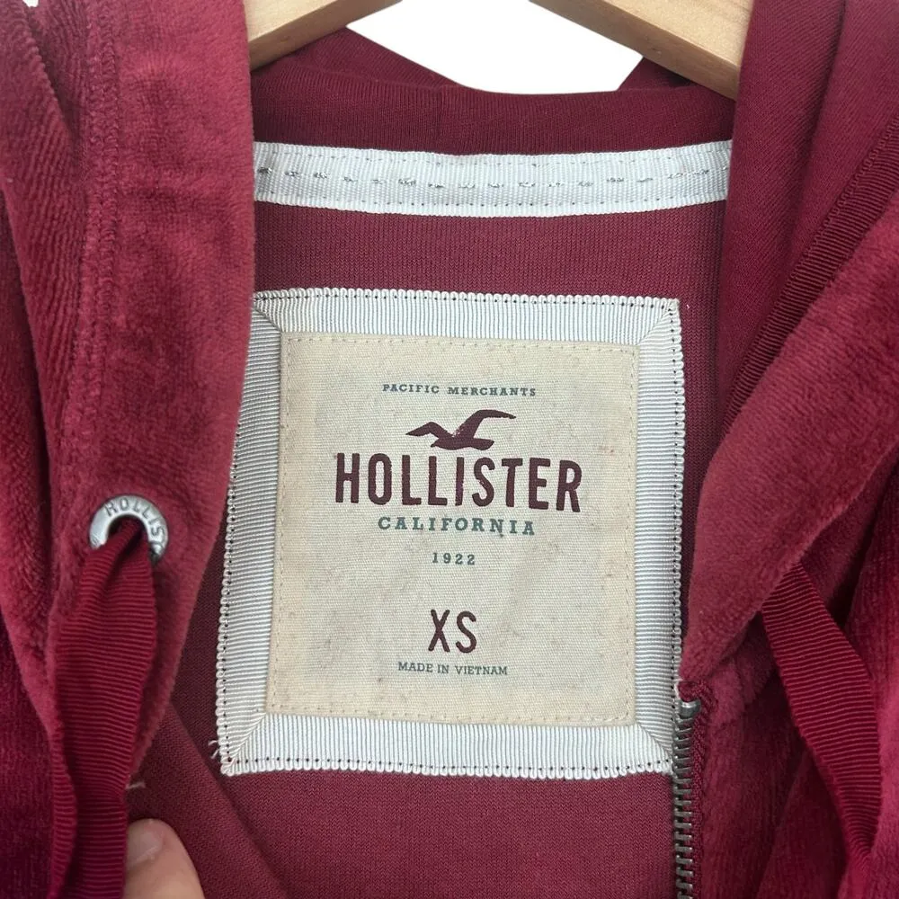Hollister Maroon Velour Full Zip Hoodie Sz XS - Image 2