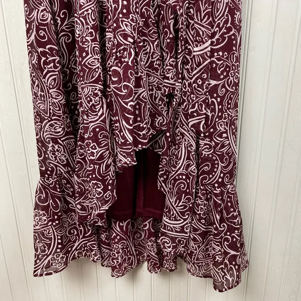 Calvin Klein Maroon Paisley High Low Hem Ruffle Chiffon Dress Women's Size 8 - Image 12