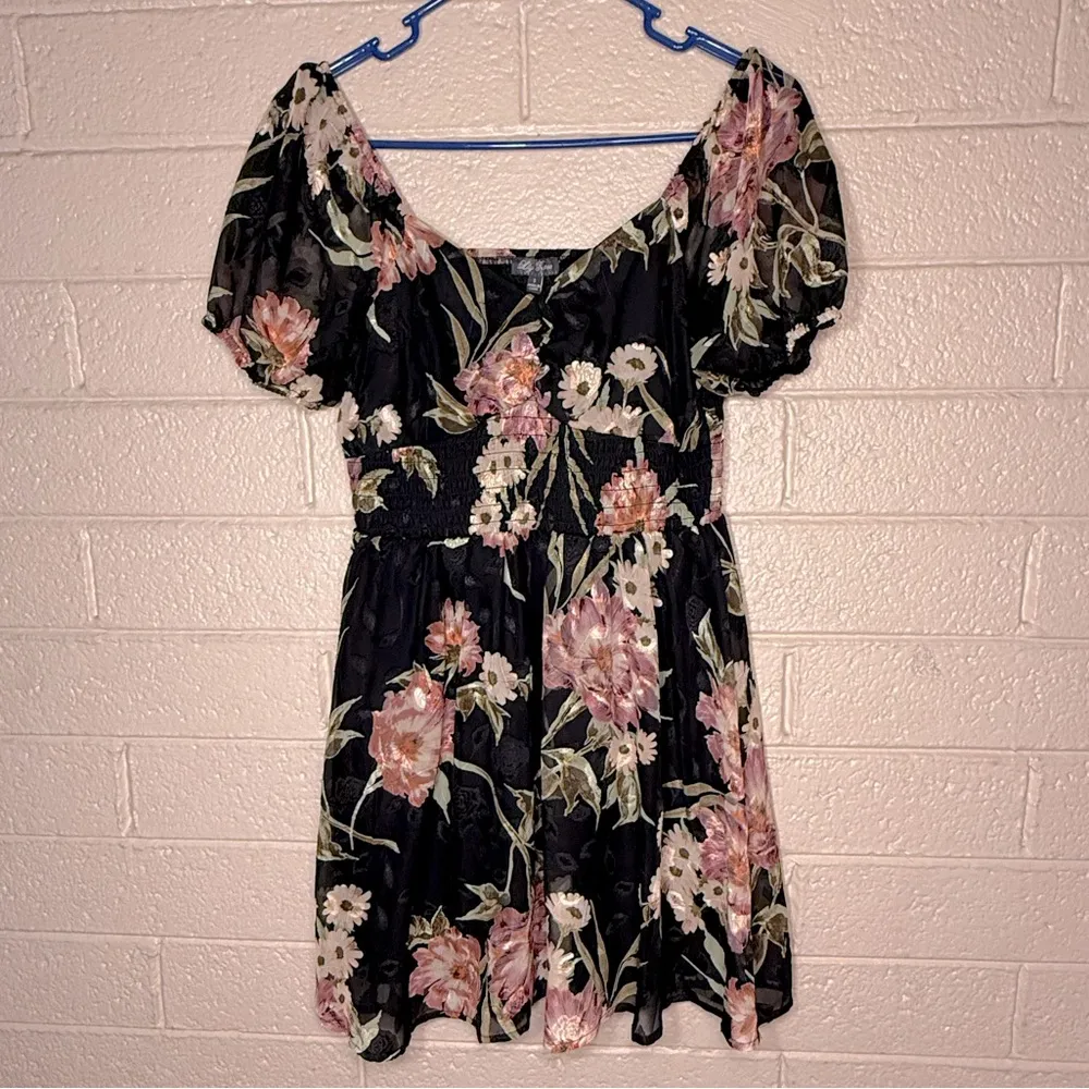 Lily Rose Black Dress with Pink and Yellow Floral Accents - Image 2