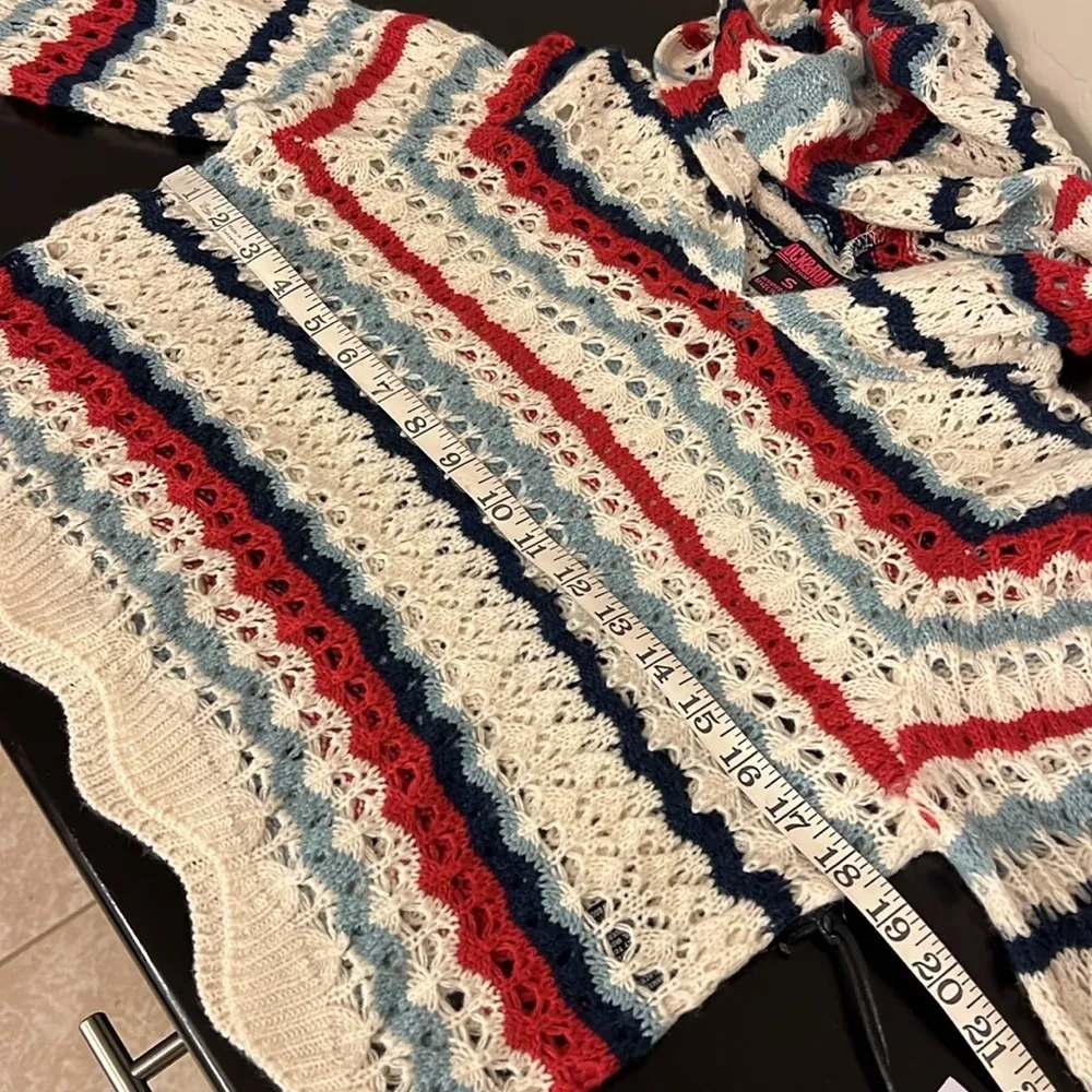 Rock & Roll Denim Pointelle knit pullover hoodie sweater, sz S,striped,scalloped Blue - Image 5