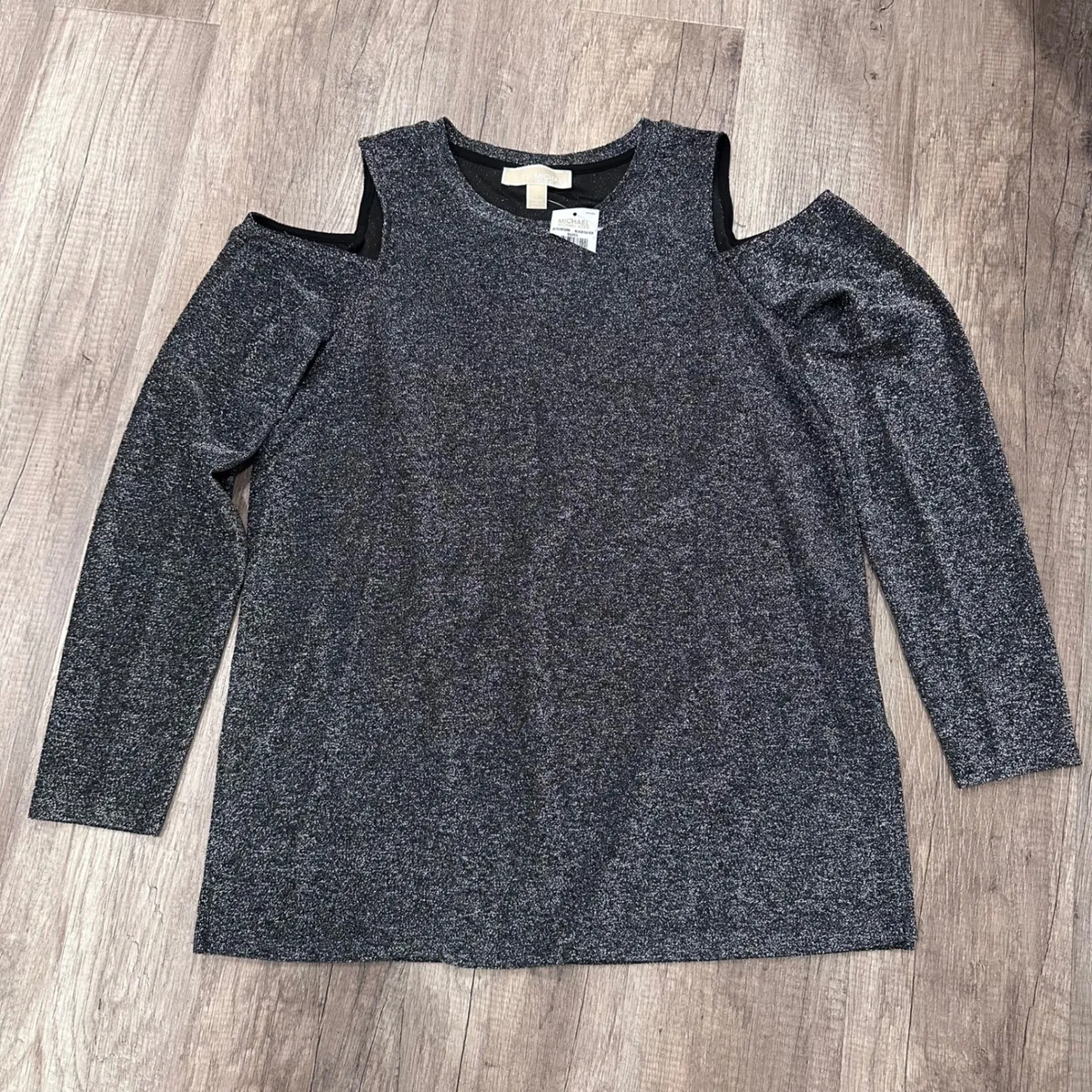 NWT Michael Kors Black Silver Sparkle Cold Shoulder LS Top Blouse SizE L - Image 2