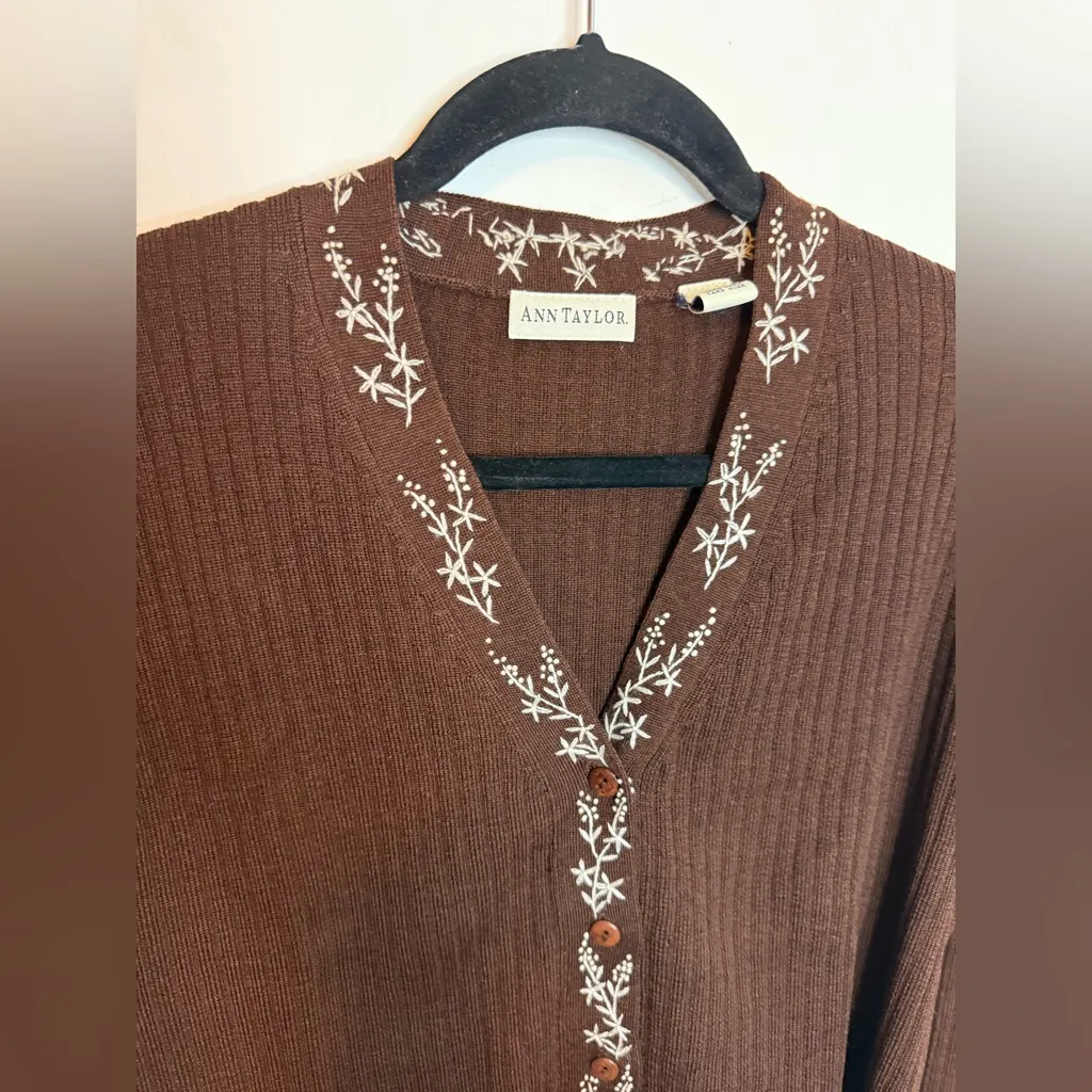 Ann Taylor Vintage Brown Merino Wool Embroidered Cardigan Sweater - Image 4