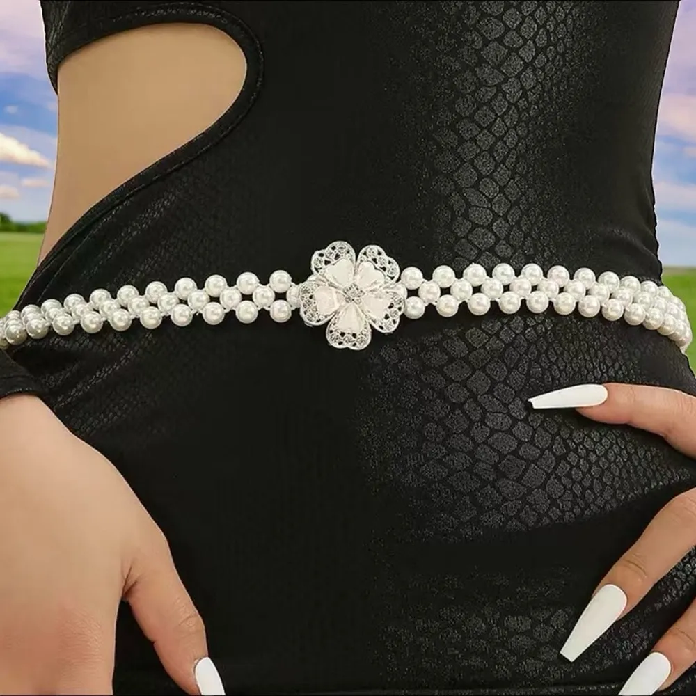 Flower Buckle Waist Chain Elegant Faux Pearl Elastic Thin Belt Adjustable Body J White - Image 6