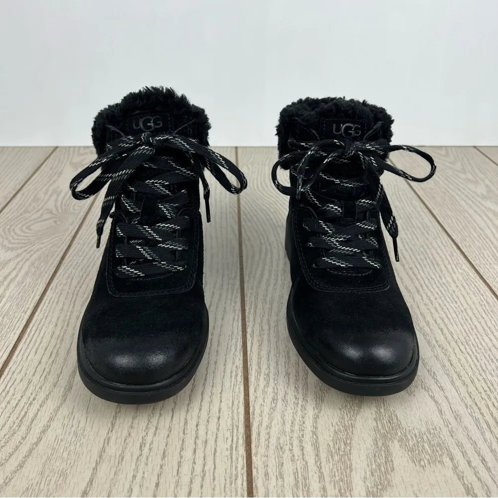 UGG Harrison Cozy Shearling Trim Lace-Up Waterproof Boots US6 Black Suede $170 - Image 2