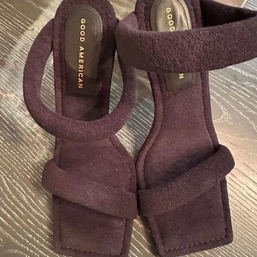 Good American Black Terry Strappy Stiletto Heels Gold Detail Size 9.5 Buckle - Image 5