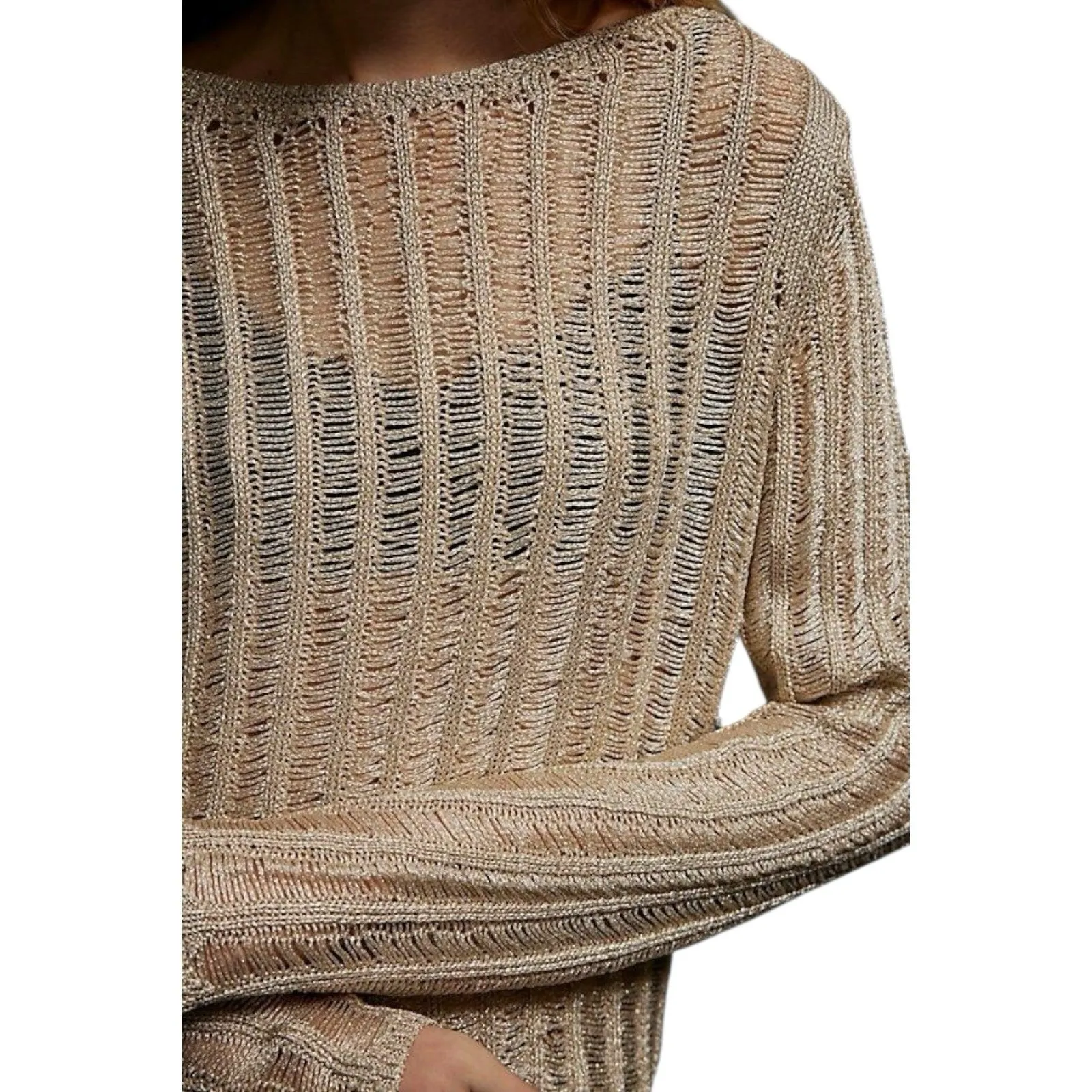 NWOT $128‎ Free People Let's Dance Long Sleeve Open Ladder Gold Knit Sweater XS - Image 2