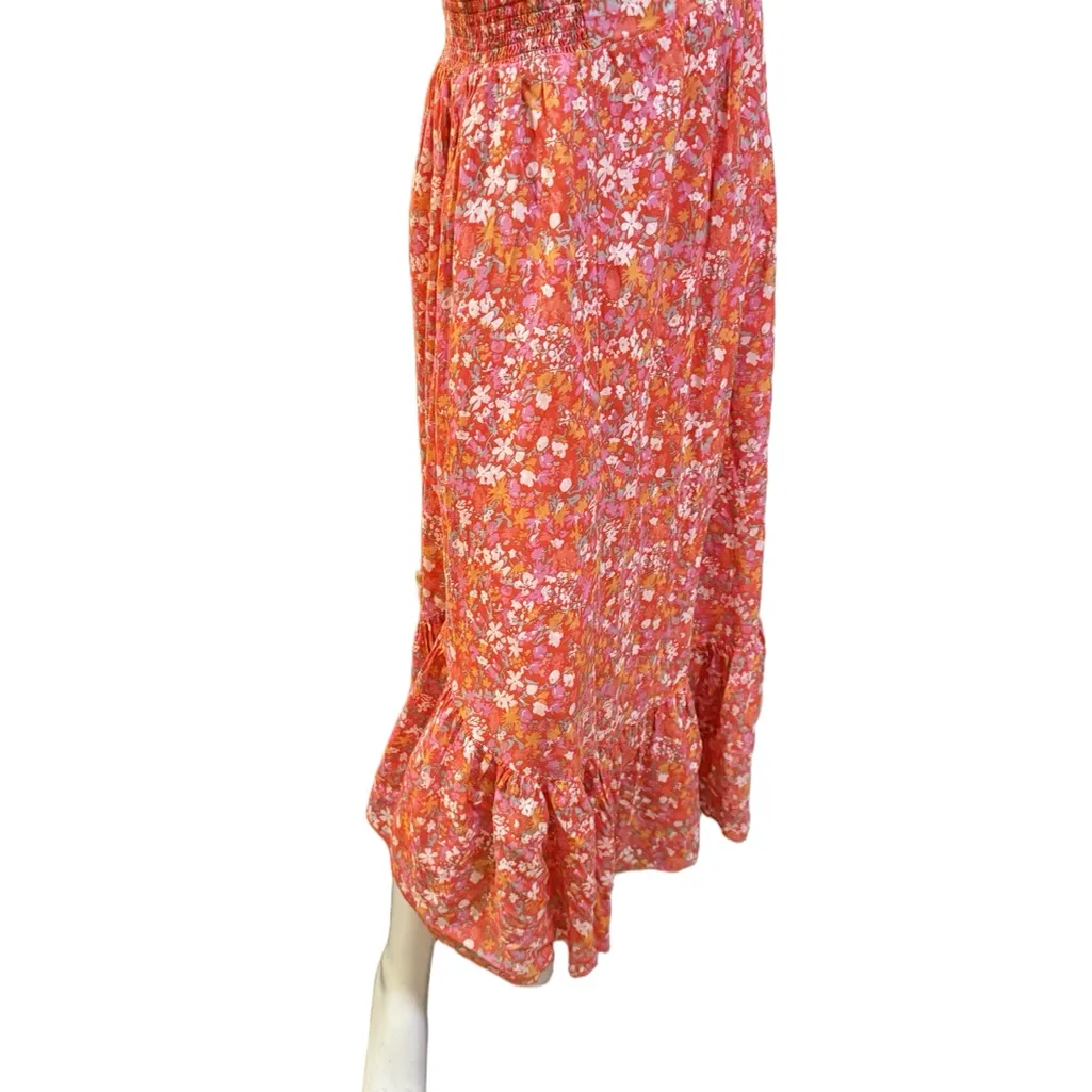 Free People Orange Floral Maxi Ruffle Skirt Large - Image 3