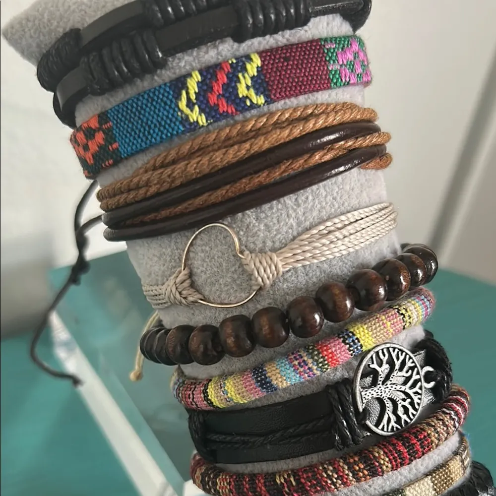 Multicolor Wood Bead Woven Vegan Leather Charm Bohemian Bracelets 13 Piece Set Blue - Image 4