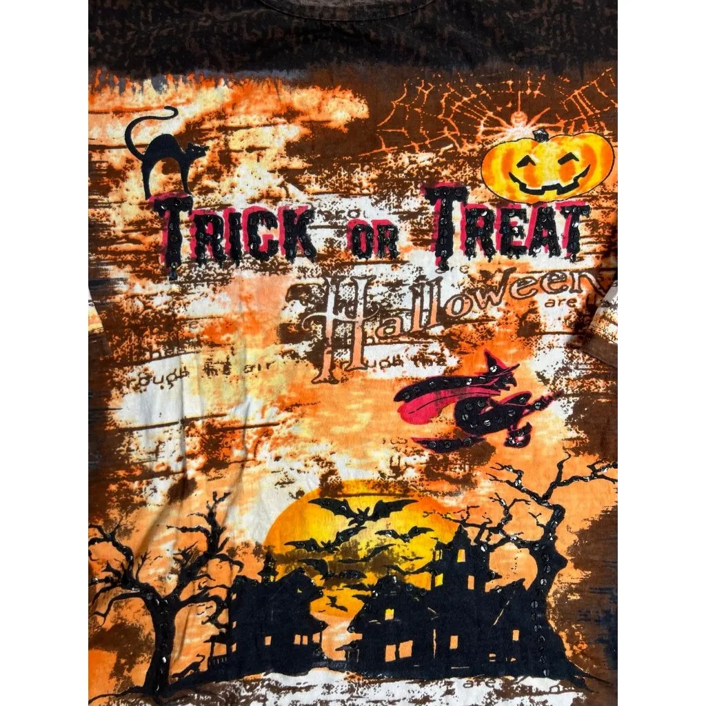 Womens Y2K Trick or Treat Sequin Halloween Shirt Size 2X Witchy Plus Size Black - Image 2