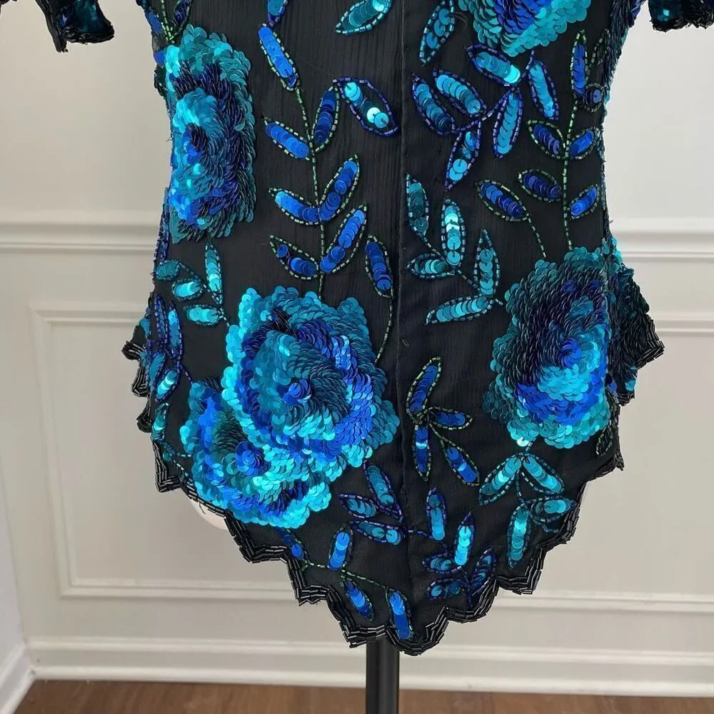 NWT NOS Laurence Kazar Beaded Sequin Short Sleeve Silk Top Blue Black L - Image 4