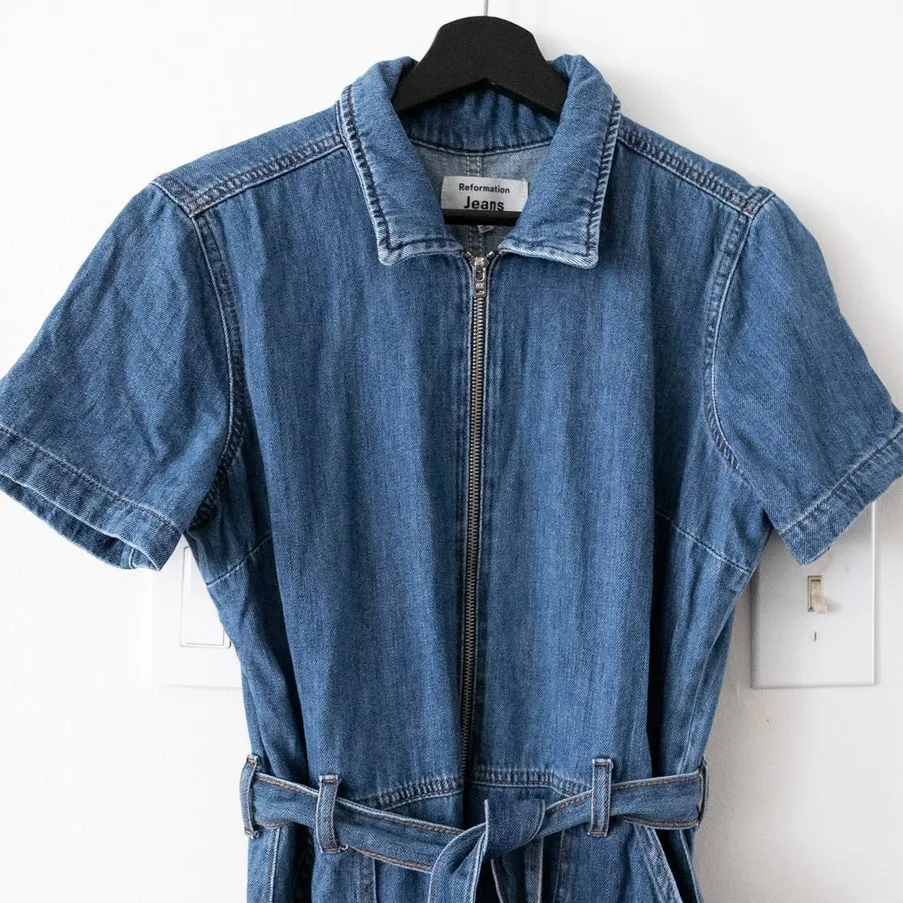 Reformation Cassidy Denim Belted Wide Leg Jumpsuit Organic Women's Size 12 - Image 4