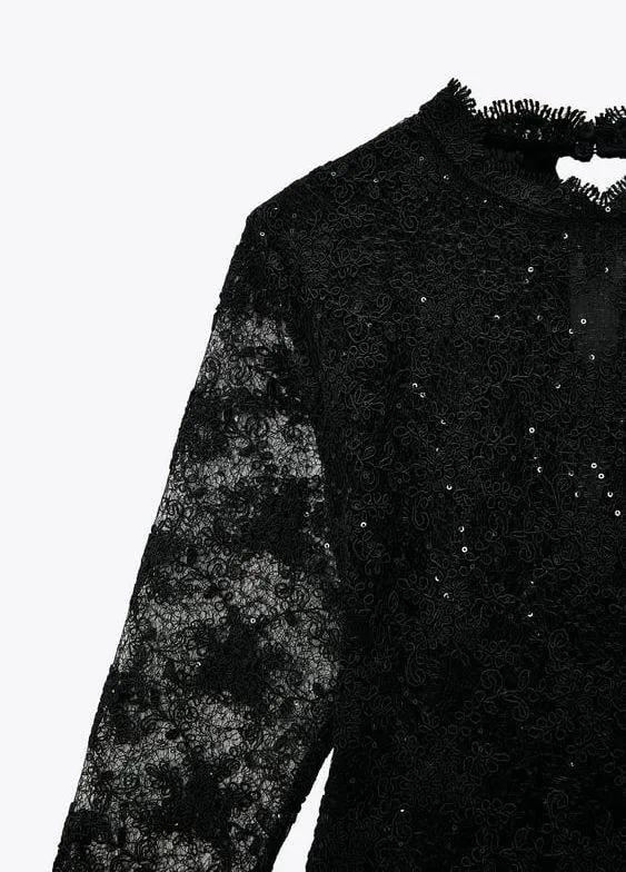 Black Sheer Mesh Lace Blouse with Sequins - Image 6