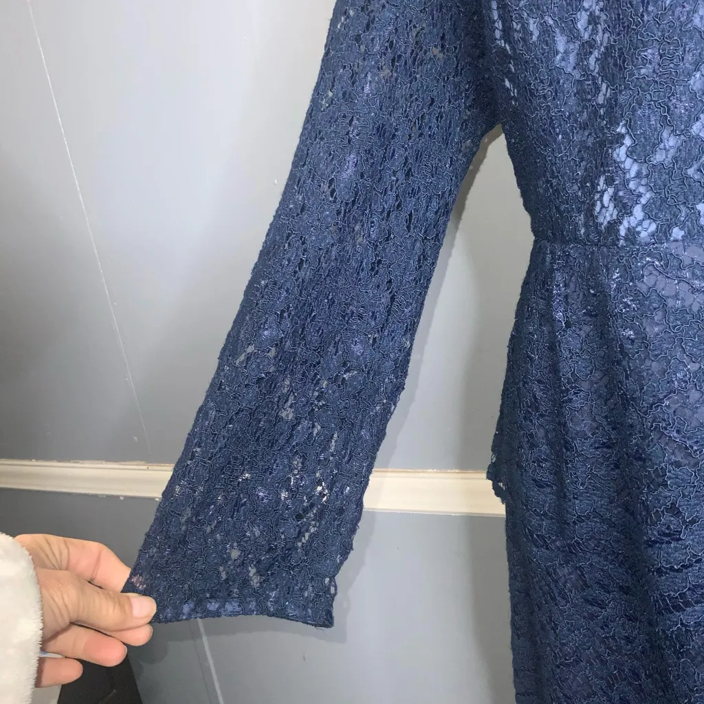 Kachel Anthropologie Blue Lace Overlay Tiered Sweetheart Long Sleeve Dress 12 - Image 8