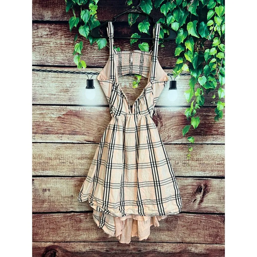Free People Bridget Mini Dress Large A-Line Cut Out Pink Orange Plaid Sundress - Image 3