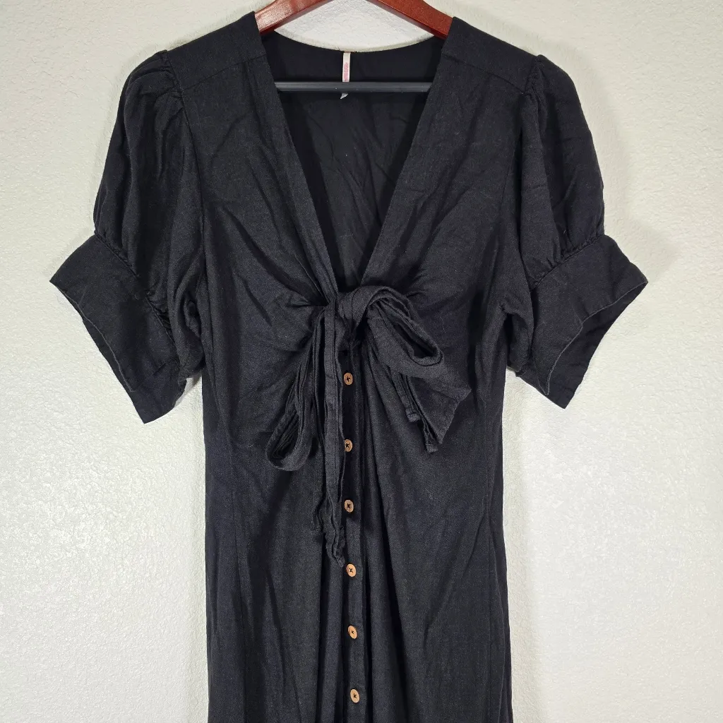 Free People Vintage Summer Midi Dress Tie Front Button down Black Size Large - Image 7