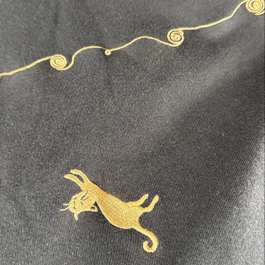 Coldwater Creek Black Maxi Dress embroidered Gold Cat Design L knit stretch - Image 8