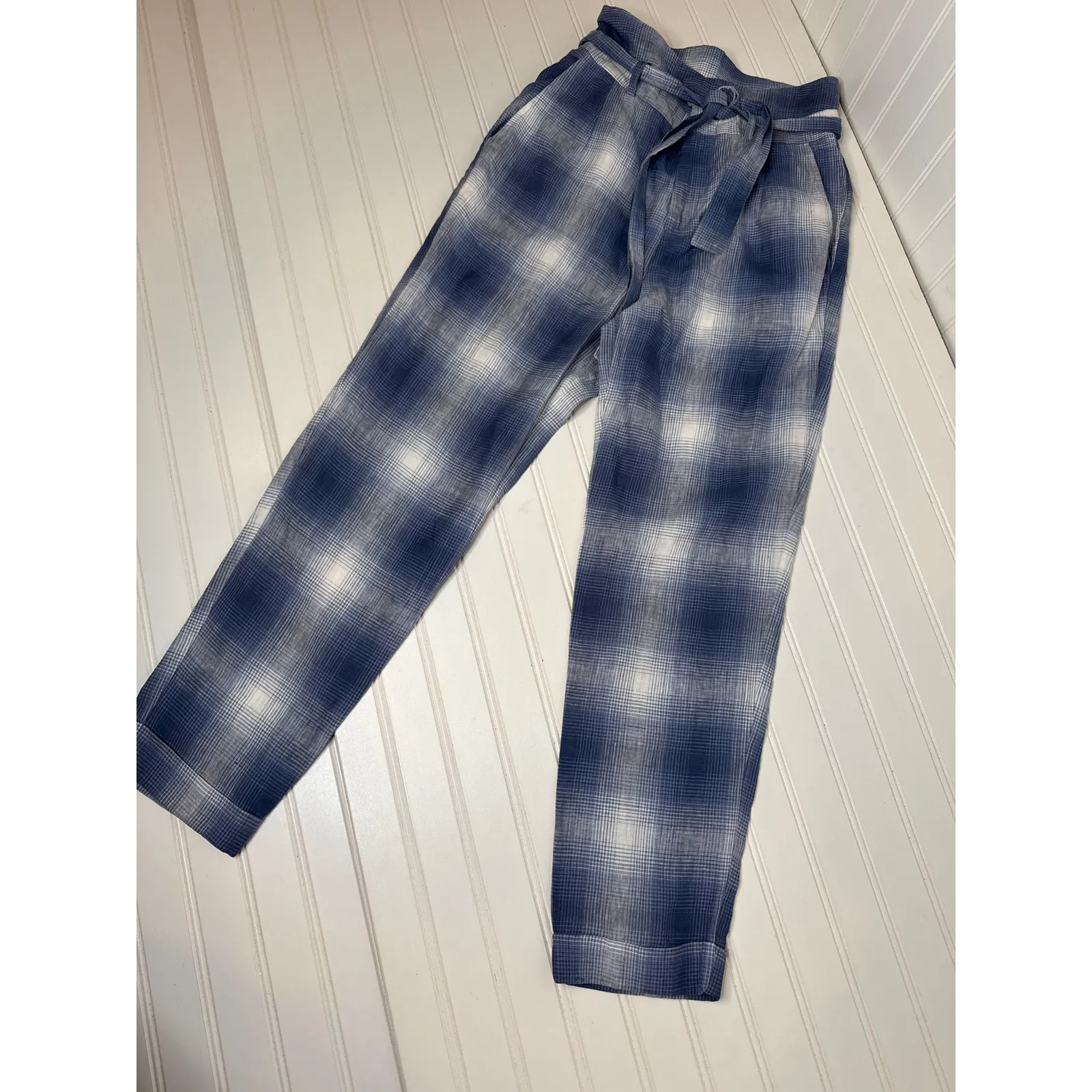Reformation Bristol Linen Blue Plaid Paperbag High Waist Pants Trousers  Size 0 - Image 2