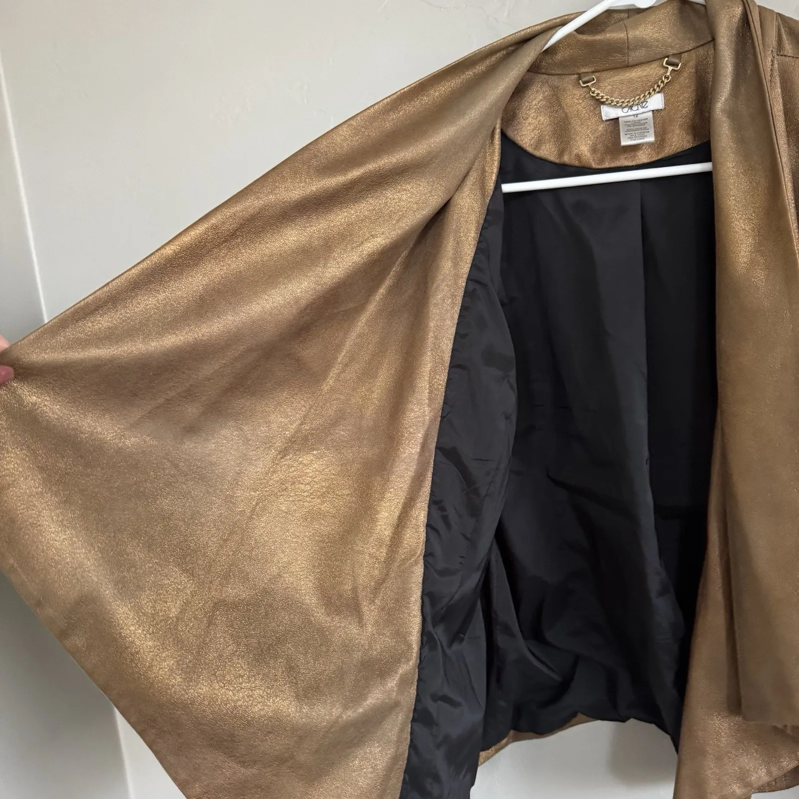 Cache Jacket Womens 12 Metallic Gold Open Front Waterfall Shoulder Pads Cropped - Image 7