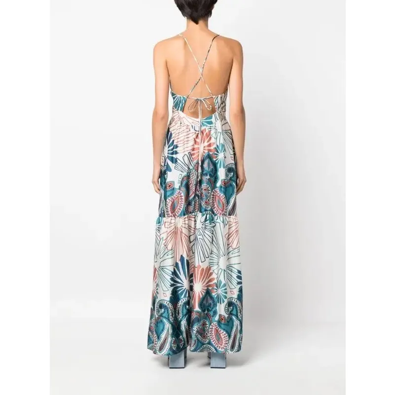 BA&SH Women,s Blue White Paisley Print V-Neck Tiered Maxi Dress Size Medium - Image 3