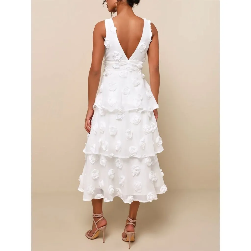 NWT Lulus Exceptional Entrance White Sleeveless Tiered Rosette Midi Dress XL - Image 3