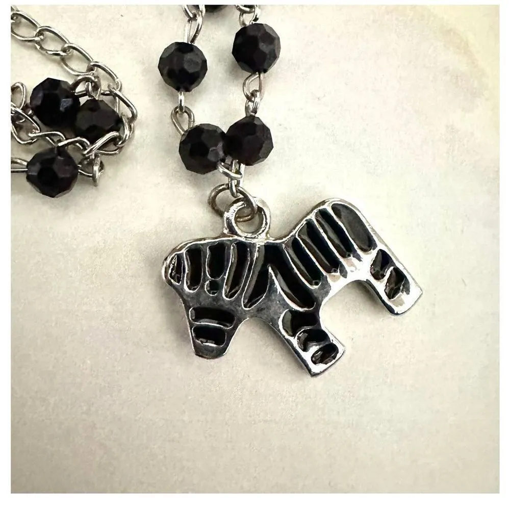 Silver tone black beaded zebra pendant necklace - Image 5