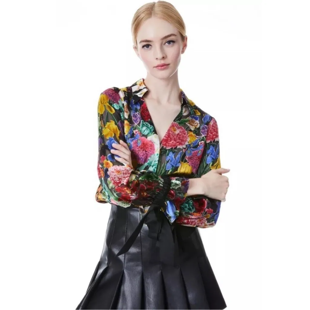 ALICE + OLIVIA Randa Tied Blouson-Sleeve Button-Front Blouse Size Small NWT - Image 2