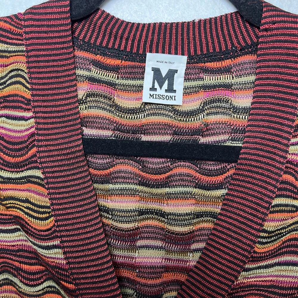 Wavy Chevron Print Open Knit Button Front Cardigan Size 4 Maroon Orange - Image 3