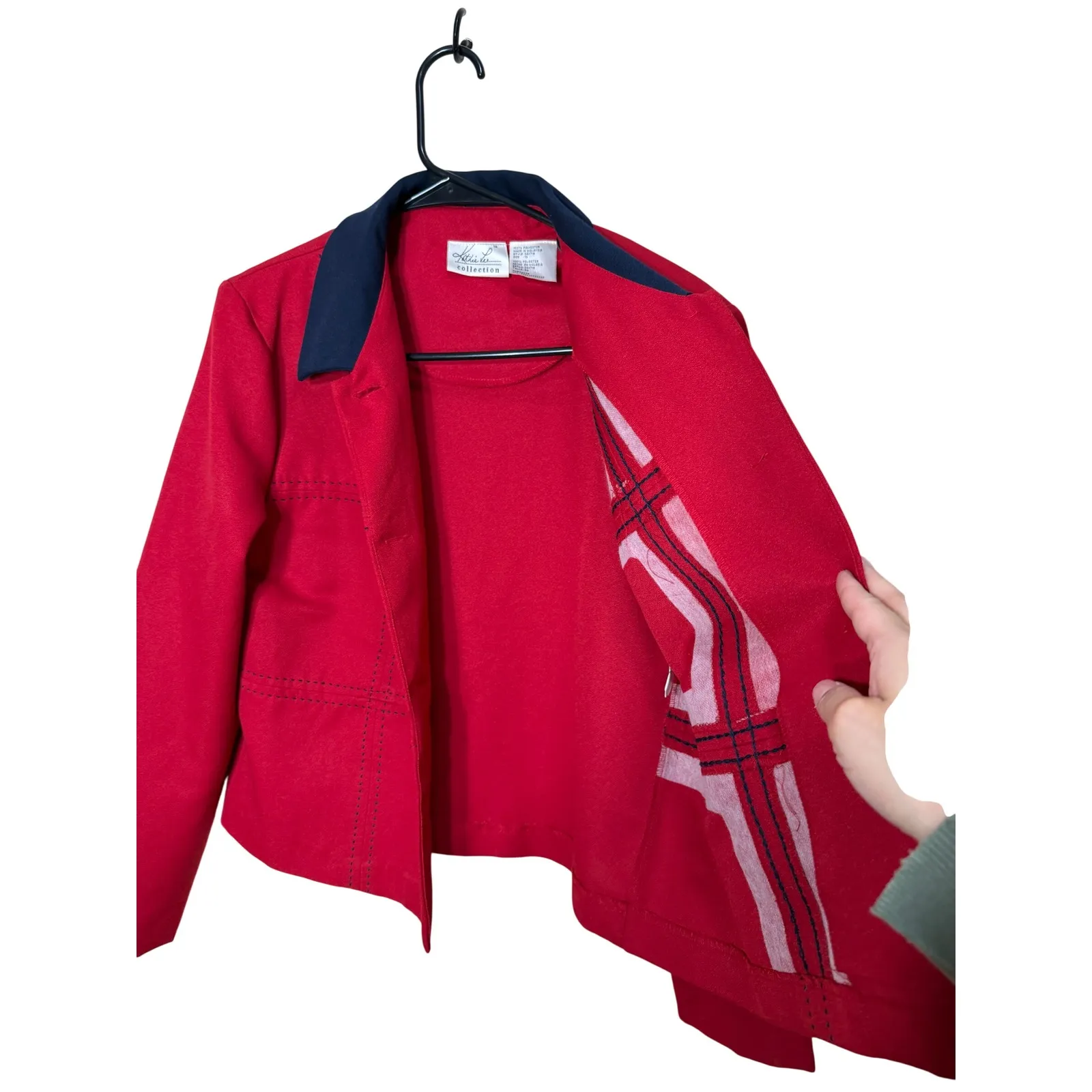 Kathie Lee Collection Womens Red Button Front Blazer Jacket Navy Collar Size 10 - Image 2