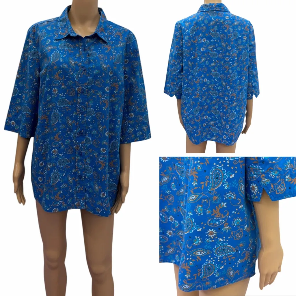 Vintage American Sweetheart Blue Paisley Button Up 3 Quarter Sleeve Shirt Large - Image 2