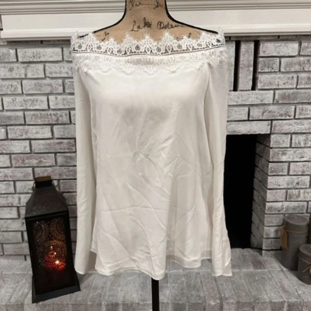 NWT Cami NYC White Romantic Silk Lace Blouse‎ Large Long Sleeve Neutral Cameron - Image 4