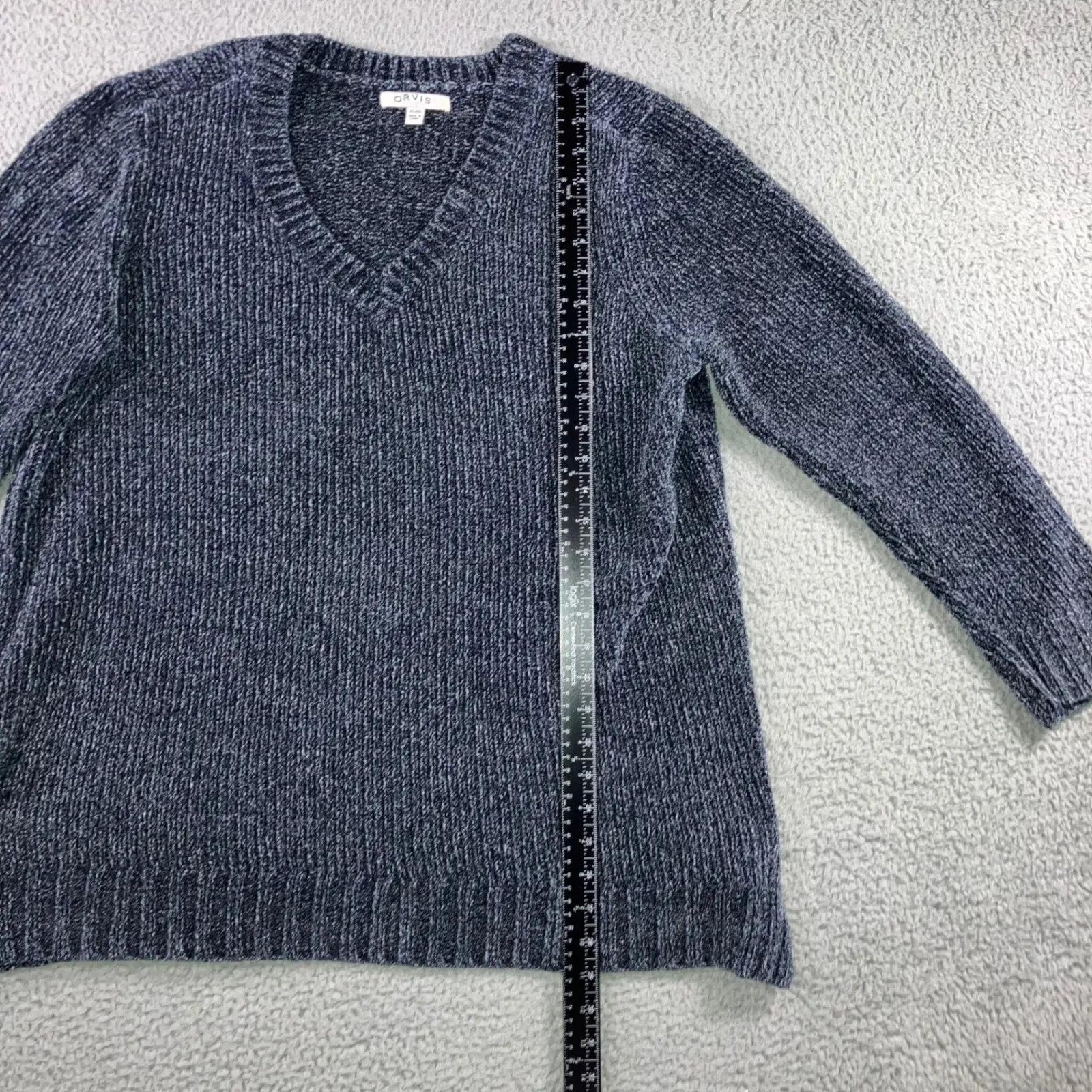 ORVIS V Neck Chenille Knit Sweater Women XL Blue Marled Long Sleeve Cozy Casual - Image 5