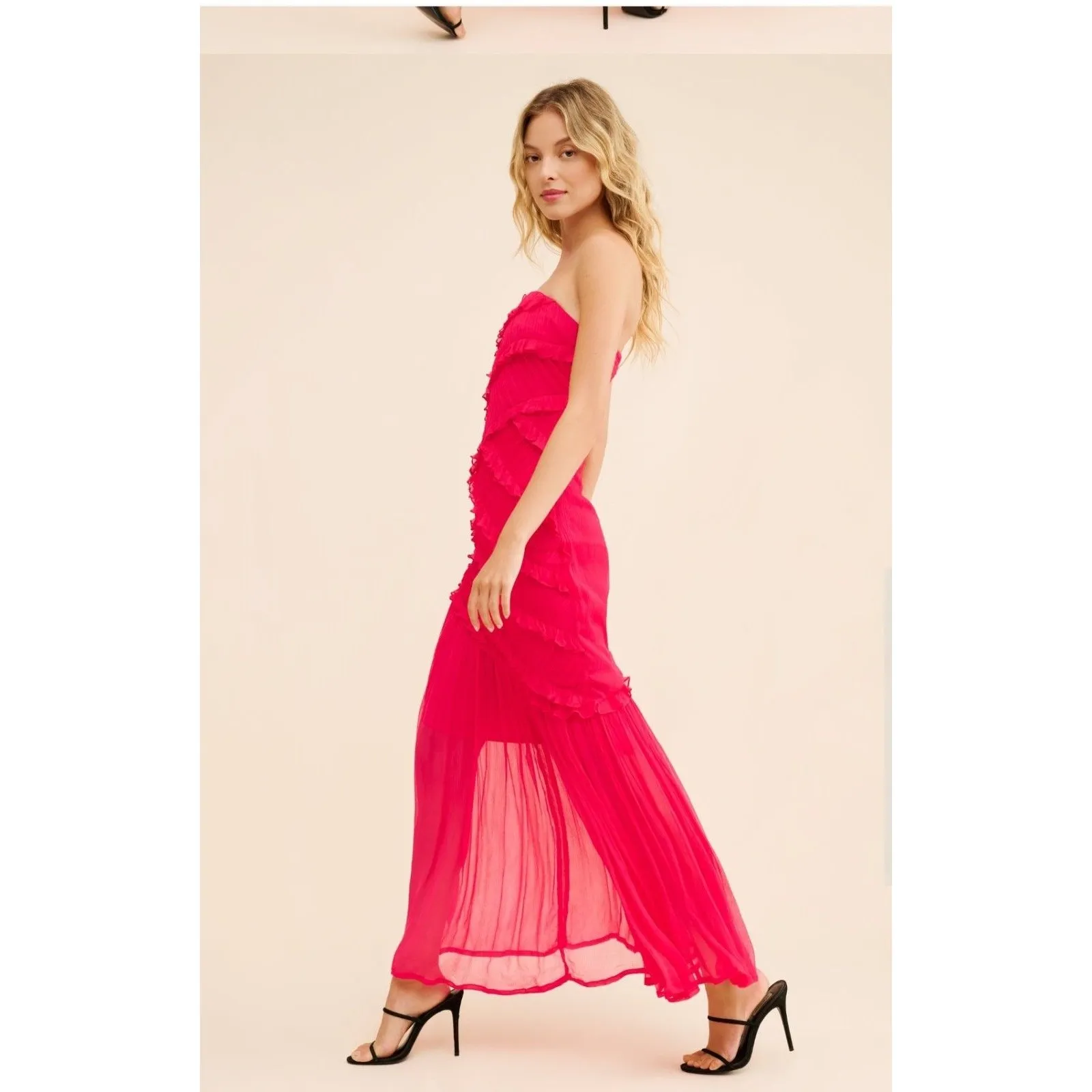 Anthropologie Maxi Dress XL Strapless Pink Ruffle Chiffon Goddess Coquette Boho - Image 2