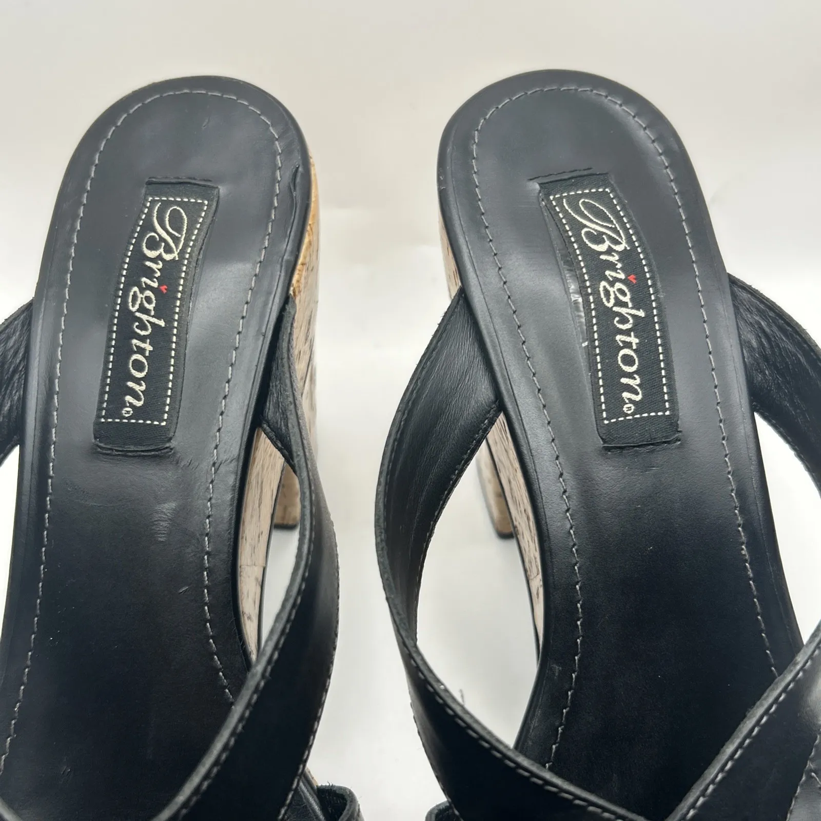 Brighton‎ Black Leather Cork Wedge Sandals Silver Buckle Heels Size 8.5M Brazil - Image 7