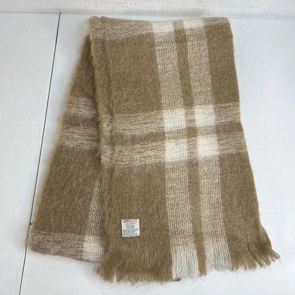 Astor One Scarf Wool Blend Tan Plaid Wrap Vintage Made Japan Fringe Fuzzy Shawl Brown - Image 2