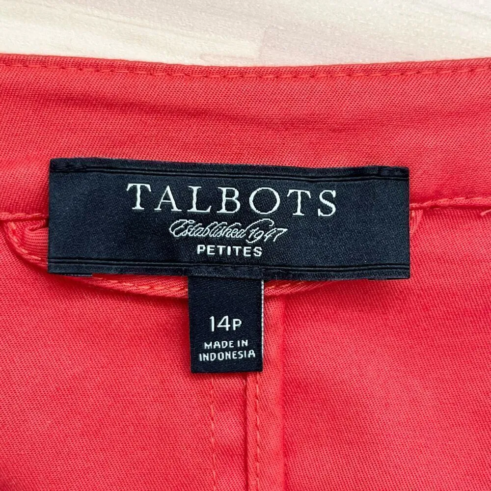 Talbots Ruffle Button‎ Front Collarless Blazer Jacket Cotton Coral Orange, 14P - Image 3