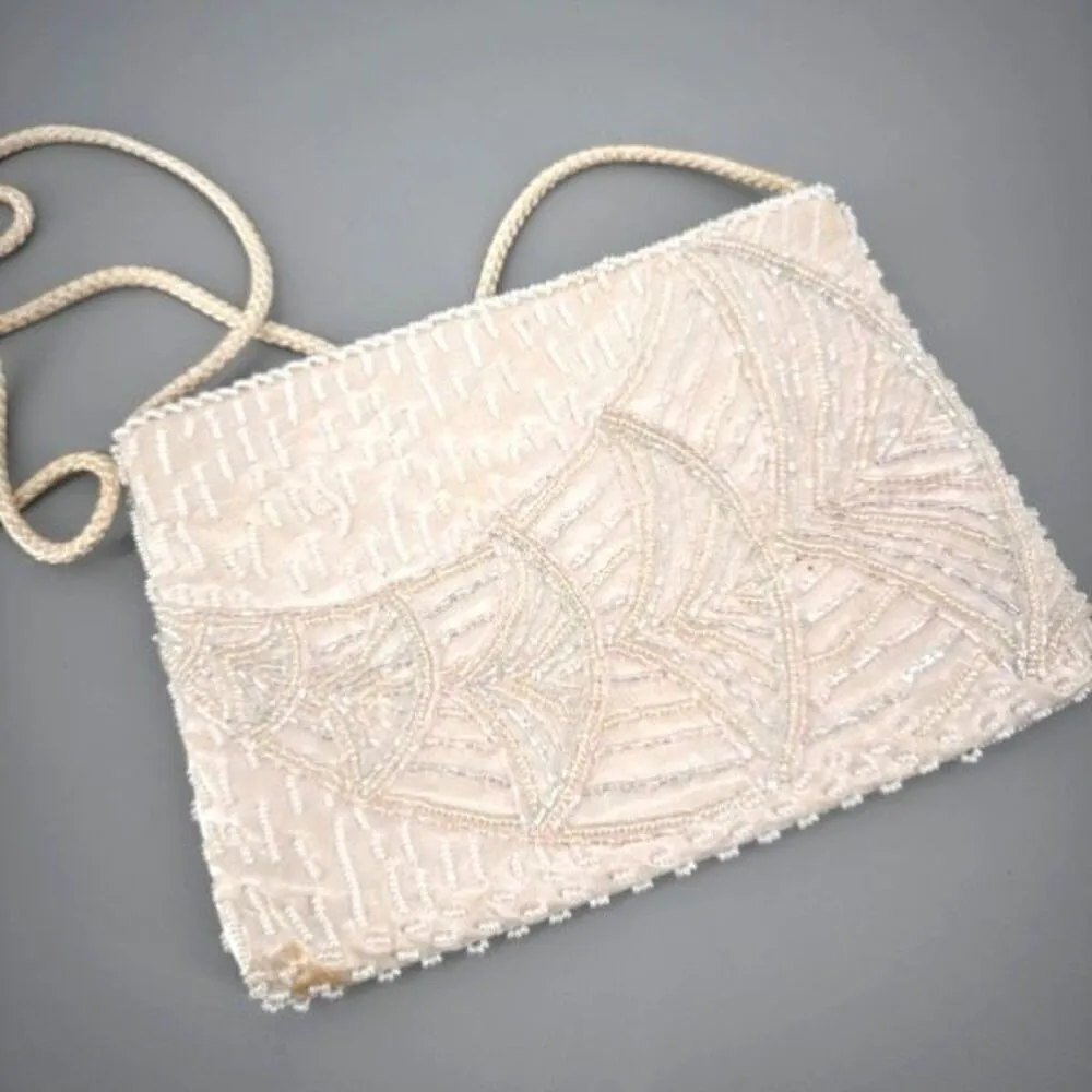 Vintage Magid Women's Iridescent Beaded Clutch Purse Sling Handbag White Mini - Image 2