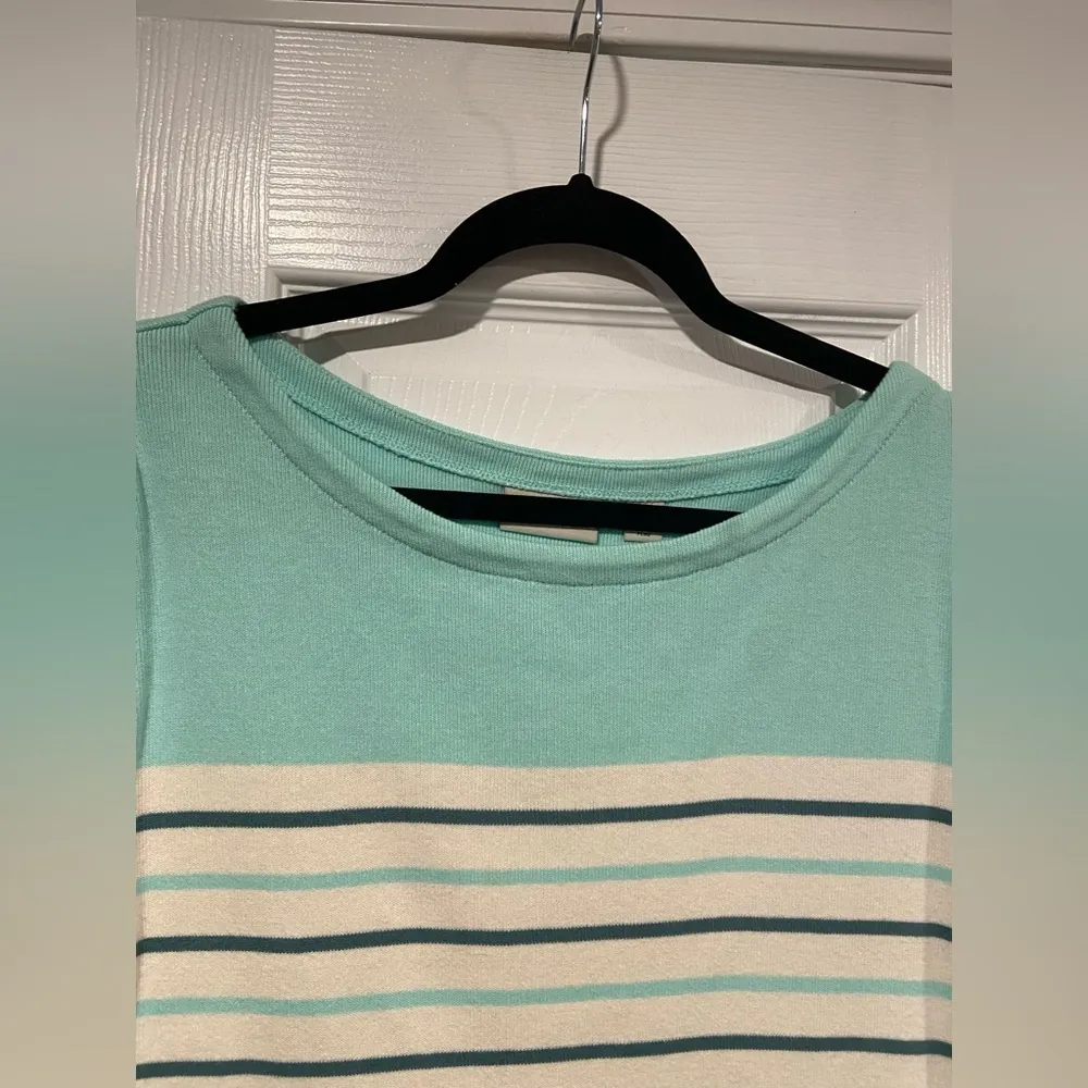 L.L. Bean Size LP Aquamarine Teal Stripe 3/4 Sleeve Knit Heritage Mariner Shirt Green - Image 4