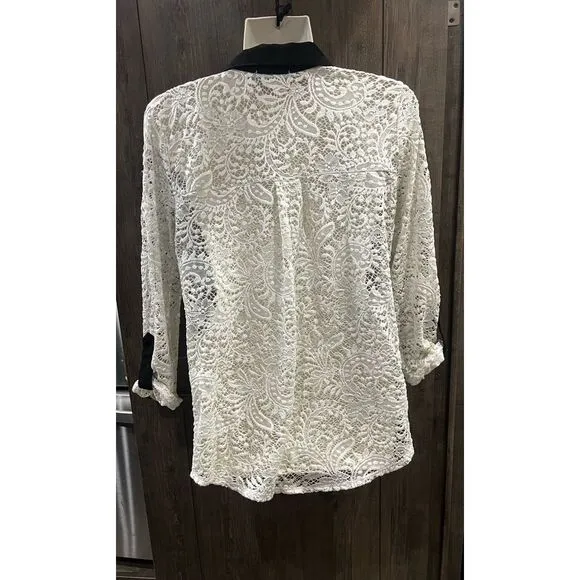 Maurices Ivory Lace Overlay Button Front Career Blouse w/Black‎ Collar Size   M - Image 2
