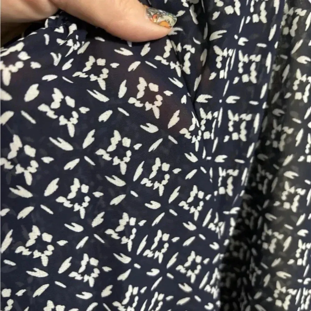 Lauren Ralph Lauren Sheer Print Smocked Waist Dress Navy White Size 12 - Image 3