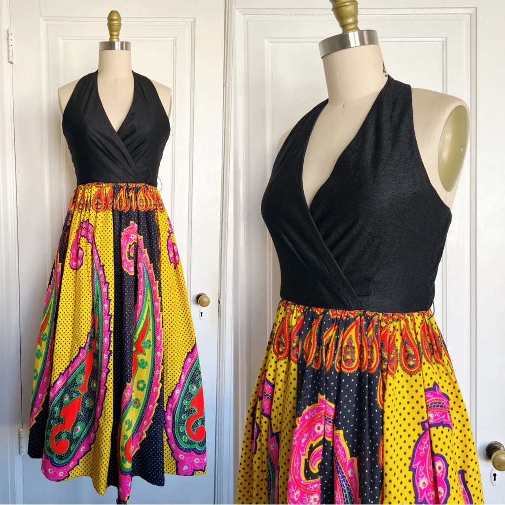 vintage • Don Jillette halter midi dress vibrant paisley psychedelic 60s 70s Black Size XS - Image 8