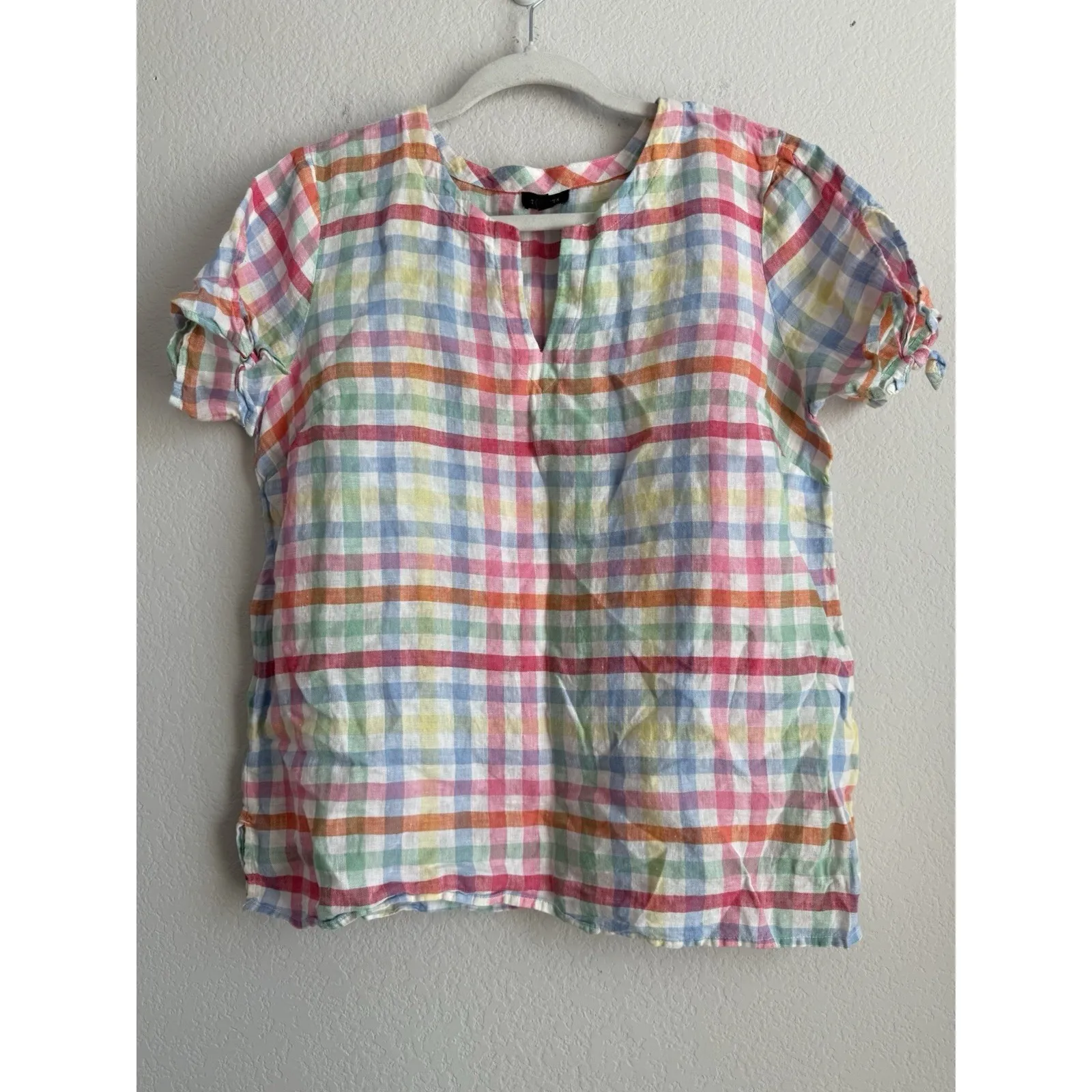 Talbots‎ Women's Linen Top Split Neck Pastel Plaid Casual Sleeve Tie Detail Sz M - Image 5