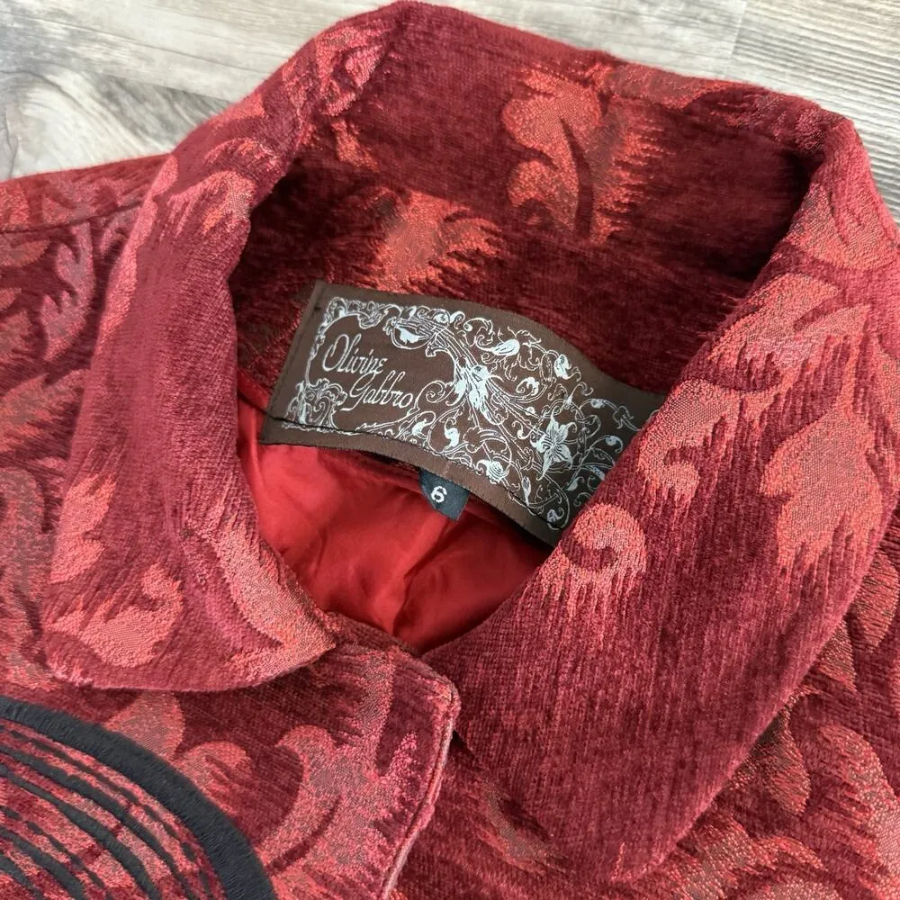 Olivine Gabbro Red Velvet Jacket Women’s Size 6 Cropped Floral Statement Coat - Image 4