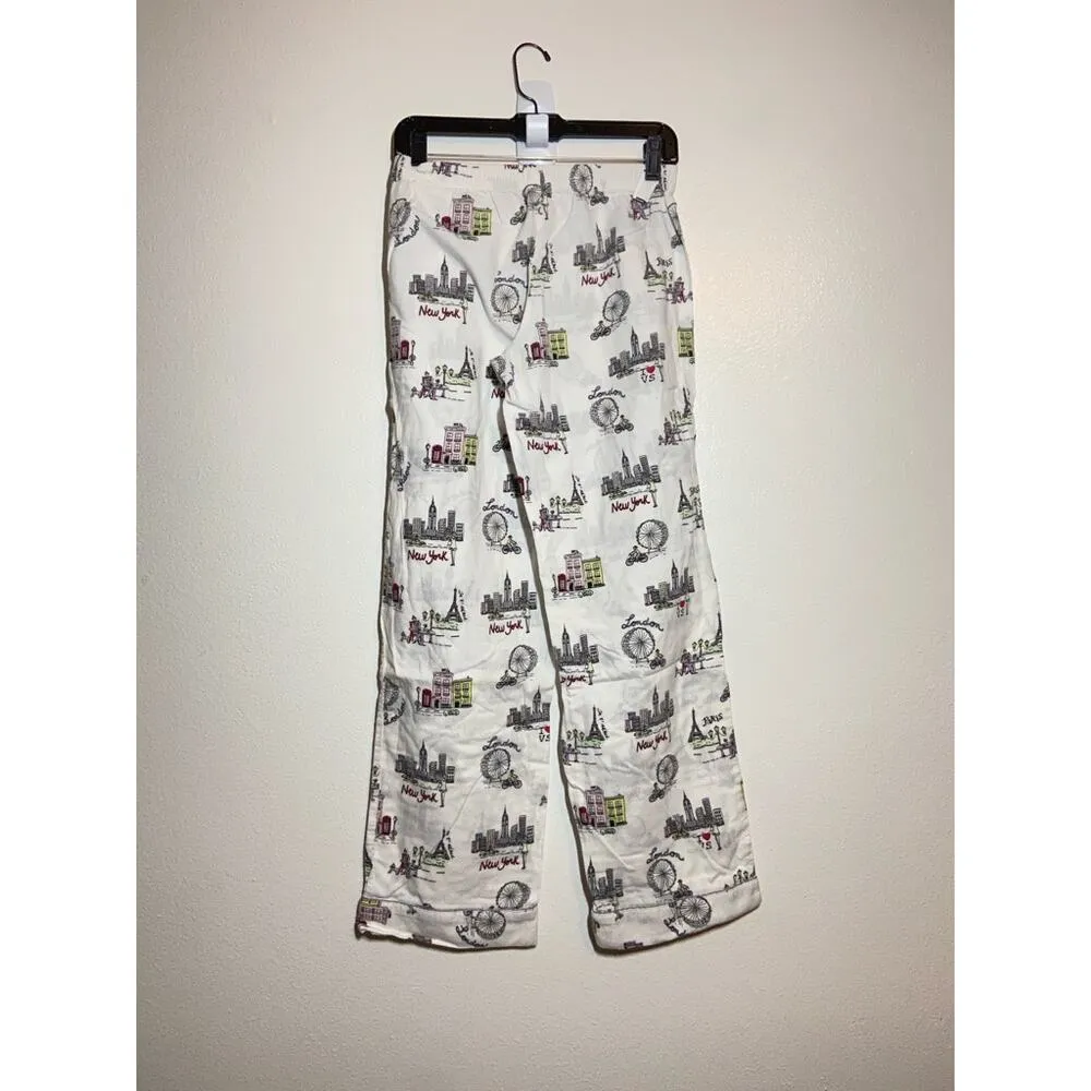 Victoria's Secret Pajama Set Flannel Top Bottom New York London Paris White XS - Image 12