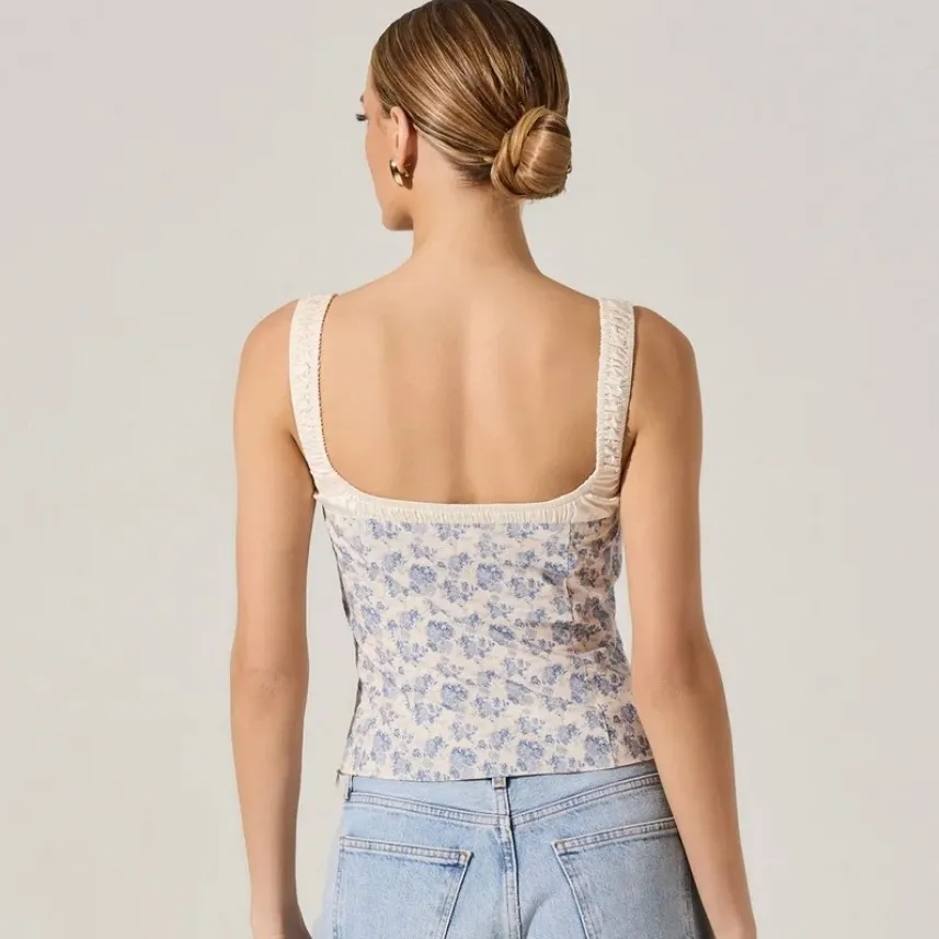 ASTR THE LABEL Blue Floral Milkmaid Top Corset Bustier Size S Sweetheart - Image 2