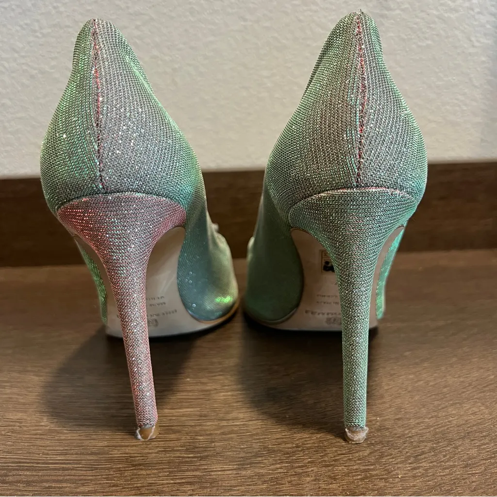 Bruno Magli Iridescent‎ Silver Red Green Jewel Embellished Pointed Toe Pumps 6.5 - Image 6