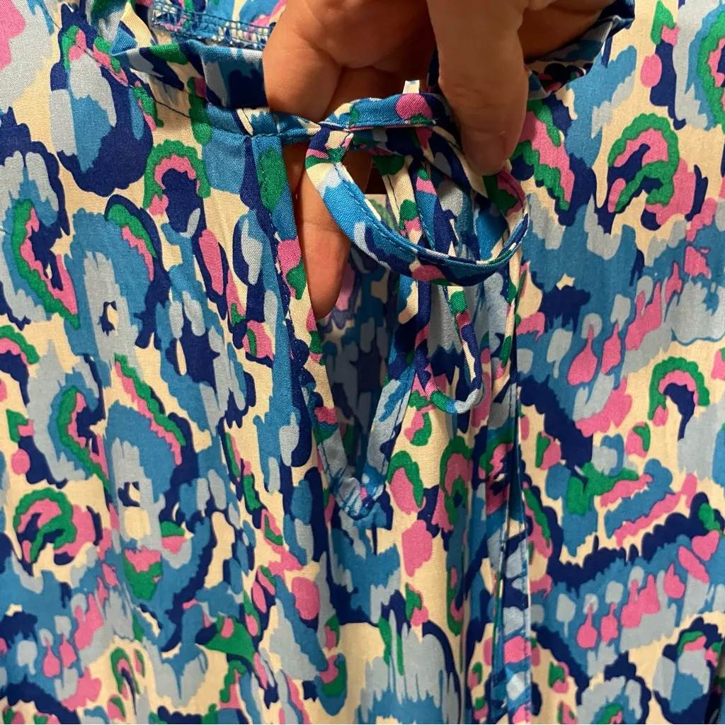 Flowy aqua confetti brushstrokes sleeveless maxi dress tassel tie neck tiered Blue Size M - Image 5