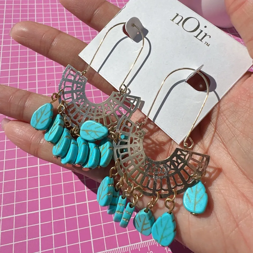 Noir earrings gold tone cyan leaves drops tassels gold hallowed fan shape hook Blue - Image 2