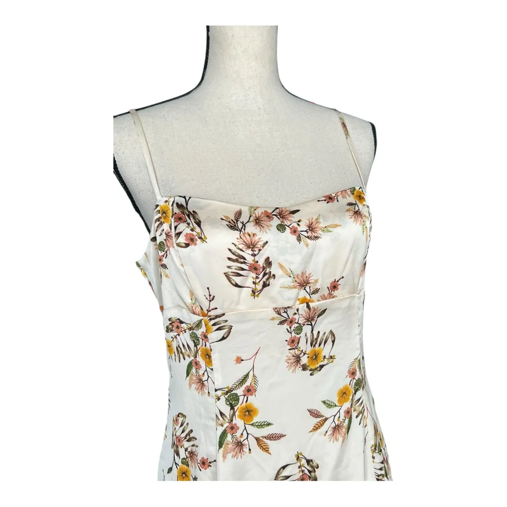 Storia Floral Satin Mini Dress Cream with Yellow & Pink Blooms Size L - Image 5